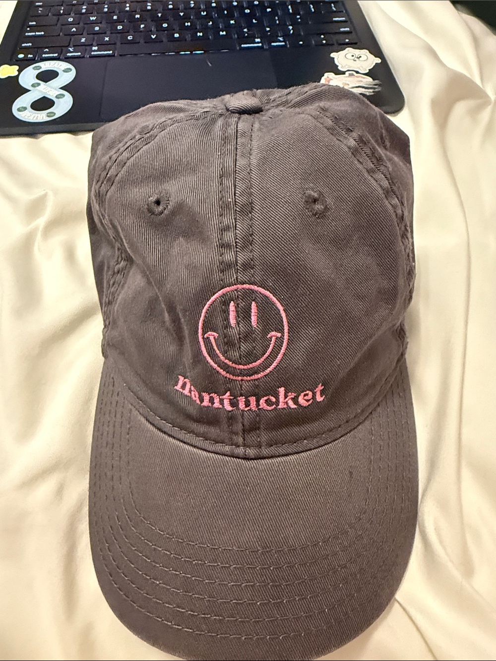 Legacy Grey Hat with Pink Embroidered Smiley and Nantucket Text